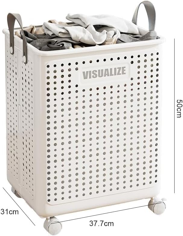 42L Large Heavy Duty Laundry Hamper On Wheels and Handle, Foldable Collapsible Laundry Basket, Space Saving Laundry Room Organization With Lid For Home Storage, Clothes (White)