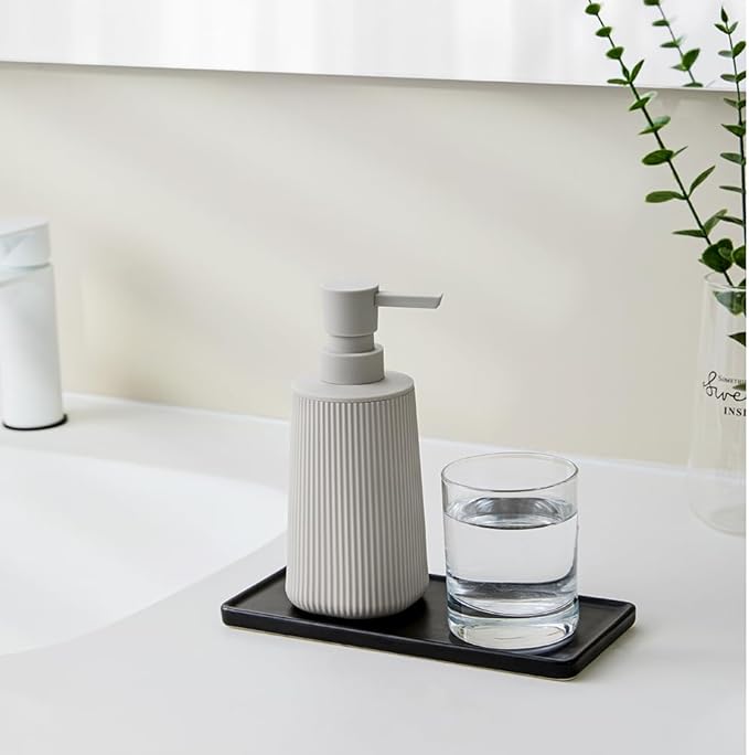 Small Soap Dispenser for Bathroom and Kitchen, Modern Farmhouse Striped Style Plastic Hand Soap Dish Soap Dispenser with Pump Matte Beige