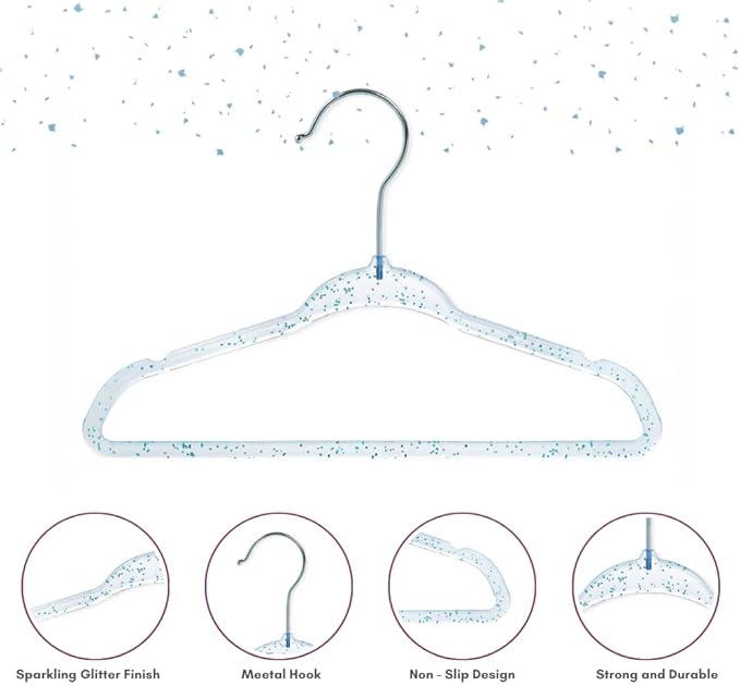 CONCEPTS 20 Pack Baby Hangers Kids Acrylic Non Slip Glitter Clothes Hangers for Toddler Infant Newborn Closet Organizer Small Hangers for Baby Clothes Pants Shirts Space Saving Nursery
