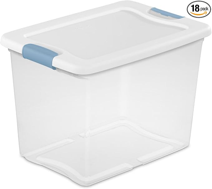 Sterilite 18-Pack Latching Box, Under Bed Storage Bins with Lids, Clear Plastic, 25 Quart - Heavy-Duty Organizing Containers for Closet, Bathroom, and Office