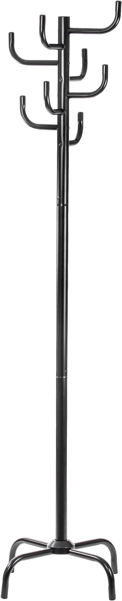 Black Coat Rack - Freestanding Hat and Coat Stand with 8 Hooks, Sturdy Metal Construction, Space-Saving Design (19.7" x 19.7" x 72.5") for Home & Office Organization