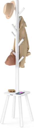VASAGLE Coat Rack, Free Standing Coat Stand, Hall Coat Tree with 8 Hooks and Storage Shelf, 69.2 Inch Tall, for Coats, Hats, Bags, for Entryway, Hallway, Bedroom, Cloud White URCR033W01