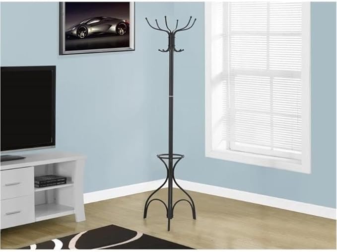 Monarch Specialties 2031, Hall Tree, Free Standing, 12 Hooks, Entryway, Umbrella Holder, Bedroom, Metal, Black, Transitional Coat Rack, 18" L x 18" W x 70" H