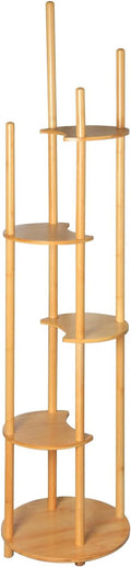 Bamboo Coat Rack Freestanding with 5-Tier Shelf, Coat Hanger Stand for Clothes/Bags/Hats, Home Office Hallway Entryway Storage Display Rack Stand with 4 Hooks 5 Storage Shelves