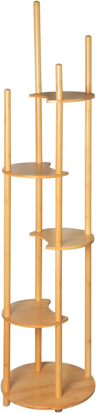 Bamboo Coat Rack Freestanding with 5-Tier Shelf, Coat Hanger Stand for Clothes/Bags/Hats, Home Office Hallway Entryway Storage Display Rack Stand with 4 Hooks 5 Storage Shelves