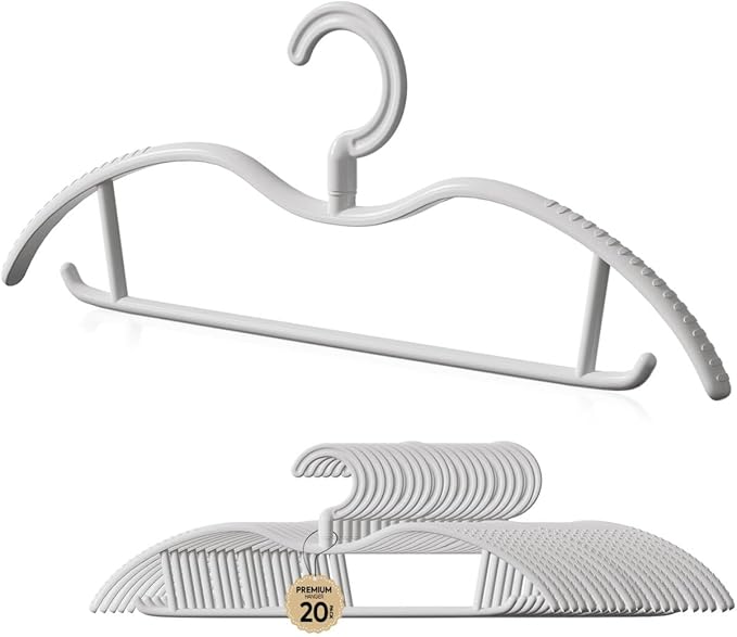 Premium Plastic Coat Hanger with 360 Swivel Hook, 20 Pack, Curved Design with Non-Slip Grip, White Clothes Hangers for Coats, Pants & Dress