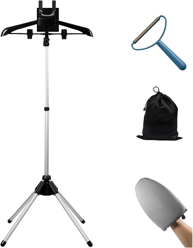 Foldable Clothes Steamer Stand with Adjustable Height & Ironing Gloves – Universal Garment Steamer Rack Compatible with Most Steamers, Portable Hanging Rack for Easy Steaming and Storage (Black)