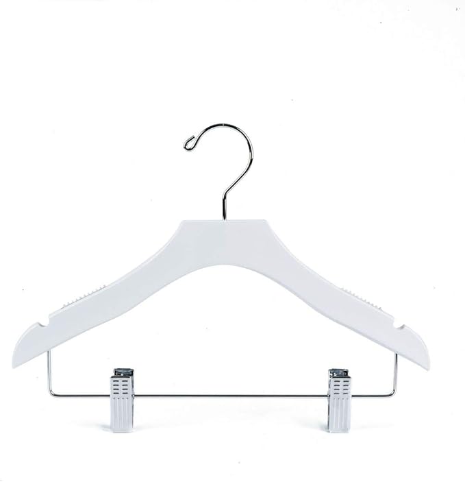 Quality White Wooden Kids Pant Skirt Hanger 10-Pack, Luxury Wave Design Chrome 360 Swivel Hook (10, 13" inch with Clips)