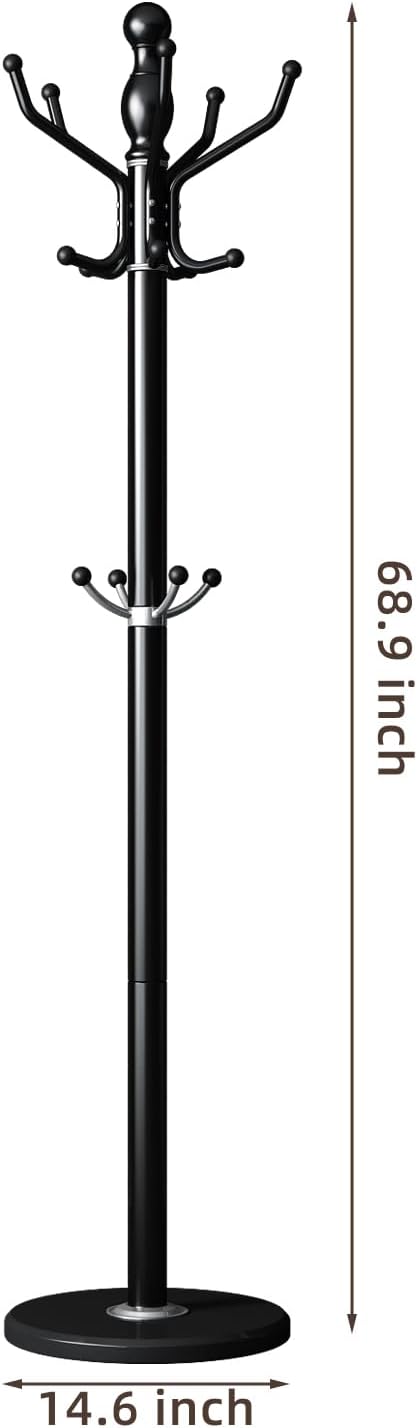 Metal Coat Rack Stand Modern Coat Rack Freestanding with 360° Rotary Design Sturdy Heavy Duty Coats Racks Hall Tree Hats Hanger Holder Stand with 14 Hooks for Entryway Hallway Office, Black