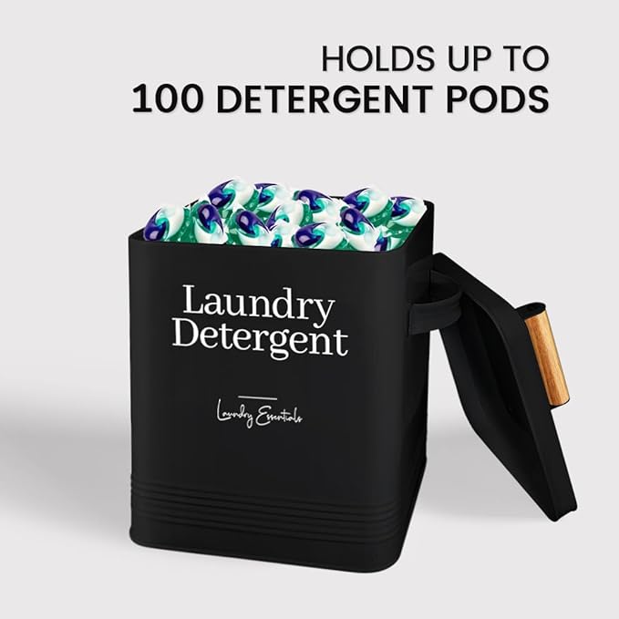 Simplation Modern Farmhouse Laundry Detergent Container for Laundry Room Decor and Accessories, Metal Laundry Pods Container, Laundry Powder Holder for Laundry Room Organization (Black)