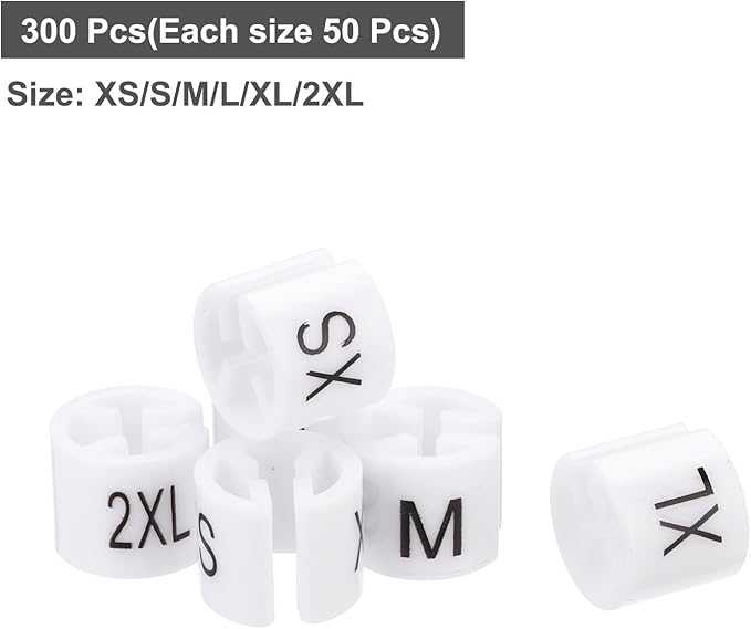 MECCANIXITY Clothes Hanger Marker XS/S/M/L/XL/2XL Size Tag Fit 3mm Rod White for Garment Clothing Color Coding, 300Pcs