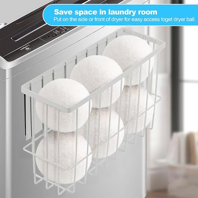 Magnetic Dryer Ball Holder, Dryer Lint Bin Magnetic Basket Organizer Shelf Rack Dryer Ball Container for Laundry Room Organization and Storage (White, Medium)