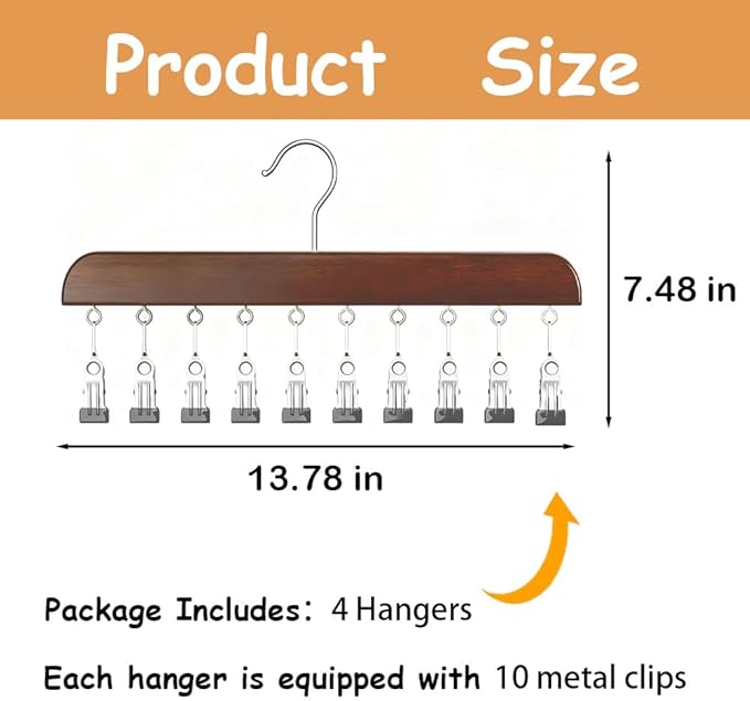 4 Pack Hat Hangers for Closet Display, Wooden Hat Storage Organizer with 40 Metal Clips for Baseball Caps, Winter Hat Rack for Beanie, Skullies, Visors, Walnut Brown Color