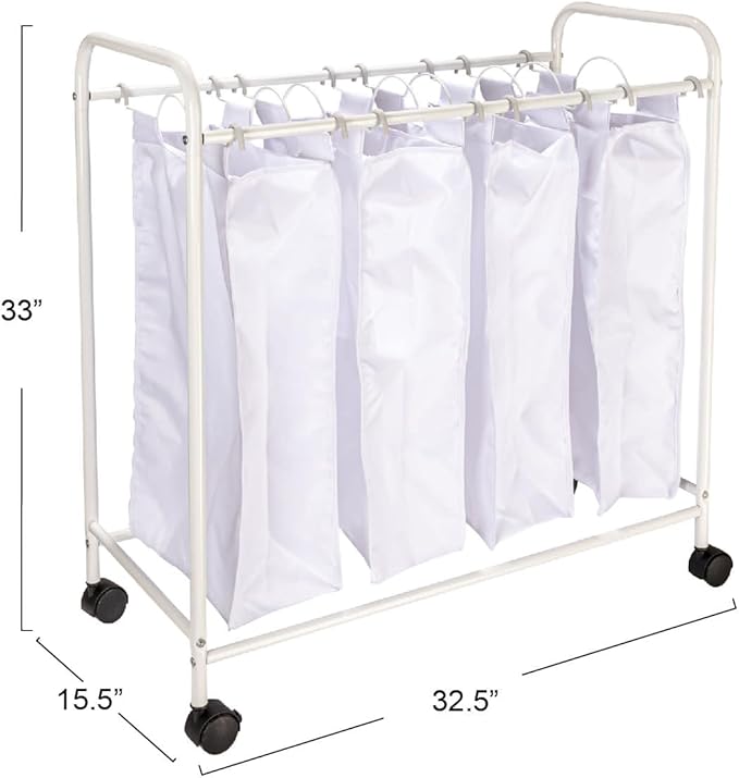 Household Essentials Rolling Laundry Sorter, 4 Bag Laundry Sorter Cart with Washable and Removable Bags, White