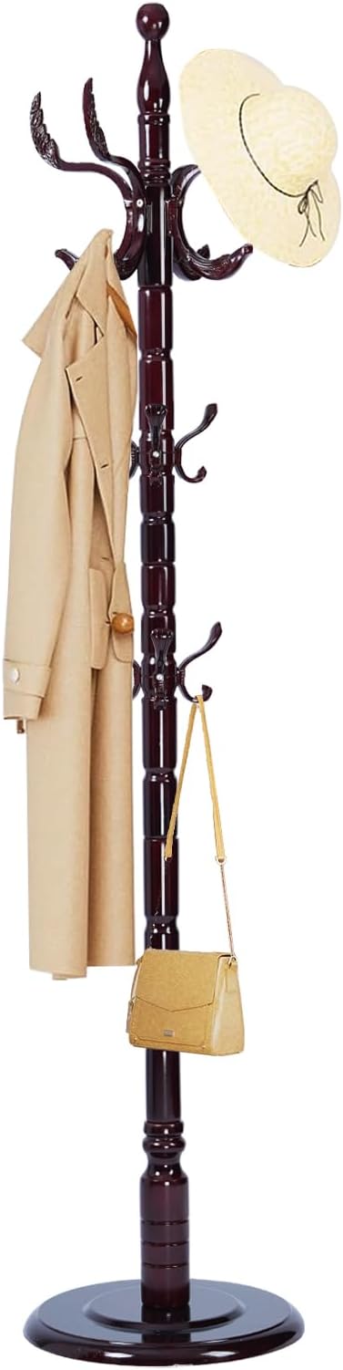 Solid Wood Coat Rack, Free Standing Hall Coat Tree with 14 Hooks, 3 Height Options, 300lbs Load, Stury Base, Clothes Rack for Entryway, Hallway, Bedroom (Disc Base - Wooden Phoenix Hook)