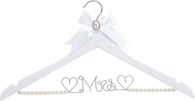 White Solid Wood Bridal Dress Hanger with Lady Wire Lettering for Bridal Wedding Party Gift (Pearl Silver Thread and White Hanger)