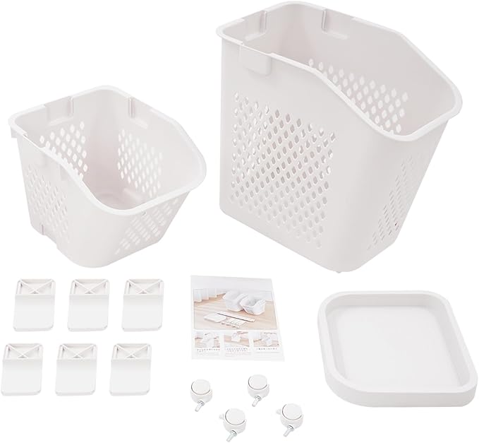 2 Tiers Rolling Laundry Hamper, White Plastic Laundry Basket Holder with Wheels, Vertical Laundry Hamper Sorter Cart, Rolling Clothes Hamper Organizer for Bathrooms Bedrooms