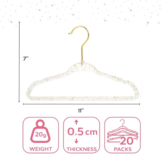 CONCEPTS 20 Pack Baby Hangers Kids Acrylic Non Slip Glitter Clothes Hangers for Toddler Infant Newborn Closet Organizer Small Hangers for Baby Clothes Pants Shirts Space Saving Nursery