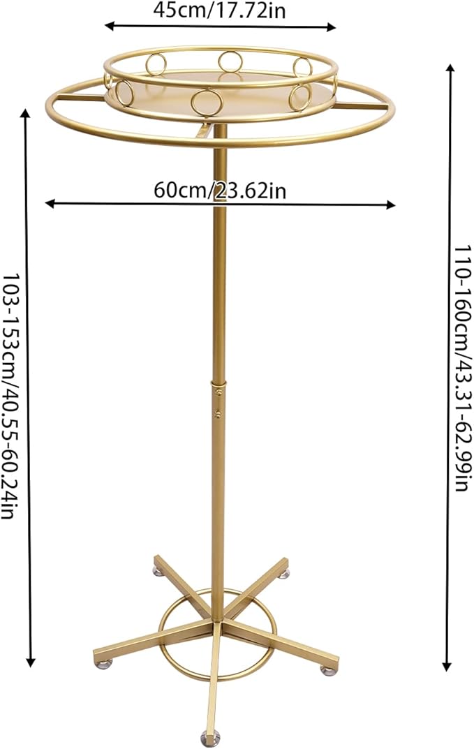 Round Garment Rack Floor Standing Rotating Clothes Hanging Rack with Topper 3.38-5.02ft Height Adjustable Retail Display Stand Metal Commercial Clothing Organizer Stand (Gold)