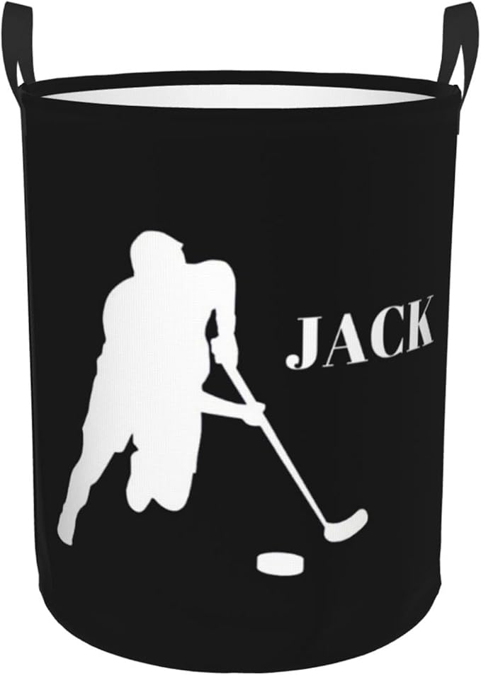 Personalized Laundry Basket for Nursery, Custom Nursery Laundry Hamper with Name, Customize Baby Clothes Circular Hamper for Boys Girls Room Decor, Hockey