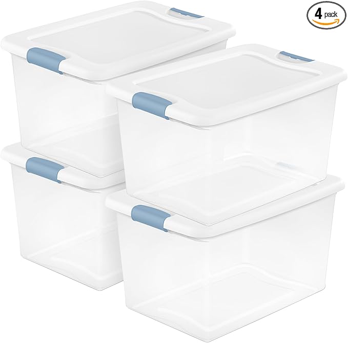 Sterilite 4 Pack Latching Box, 64 Qt Plastic Storage Container, Stackable Large Home or Office Tote Organizers with Secure Lids, White