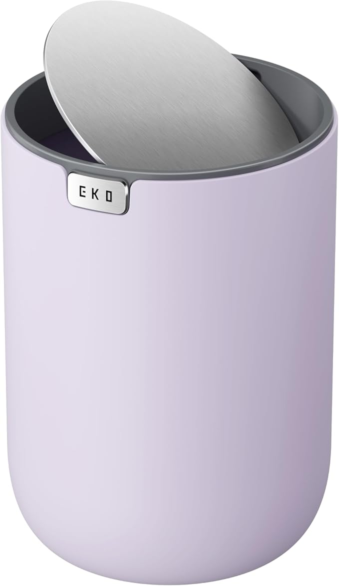 EKO Fandy 0.4 Gal/1.5L Mini Tabletop Trash Bin with Swing-Lid, Desktop Trash Can for Bathroom Countertop, Vanity, Coffee or Office, Small Garbage Bin (Lavender)
