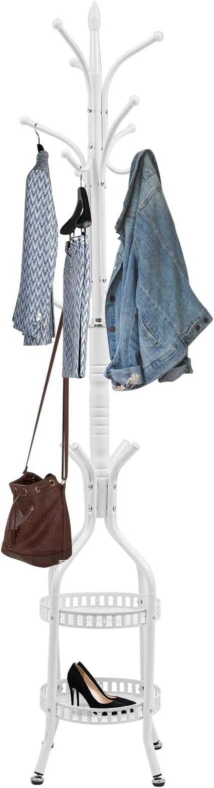 Multifunctional Metal Coat Rack Stand, Freestanding Coat Rack Hat Hall Tree with 2 Layer Basket and Practical Feet, Clothing Rack for Hallways, Living Rooms (White)