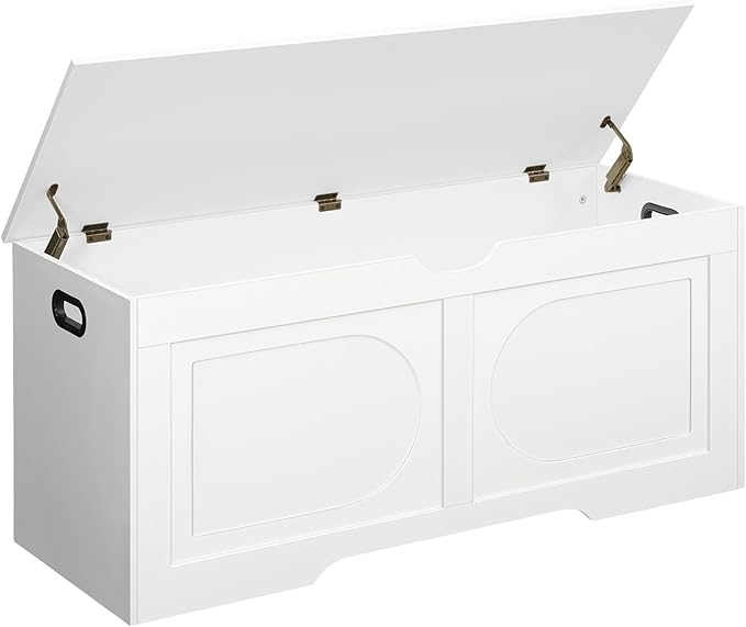 Storage Chest, 43.3” Toy Box, Entryway Storage Trunk, Shoe Bench with Storage, Engineered Wood Storage Cabinet with 2 Safety Hinges, Entrance Bench for Living Room, White SCWT2101
