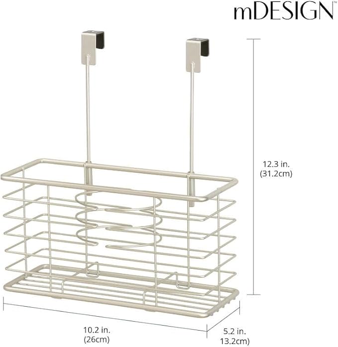 mDesign Steel Over Cabinet/Door Hair Dryer Holder Storage, Hair Styling Tool Organizer Basket for Bathroom - Blow Dryer, Flat Iron, Curling Wand, Straightener, Linelle Collection - Satin