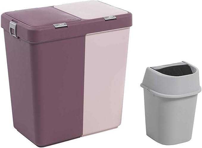 Mabel Home Plastic Laundry Basket with Lid, 2 Sections, Large Laundry Basket (Extra Trash Bin (1.6 Gallons) inc. Purple Pink)