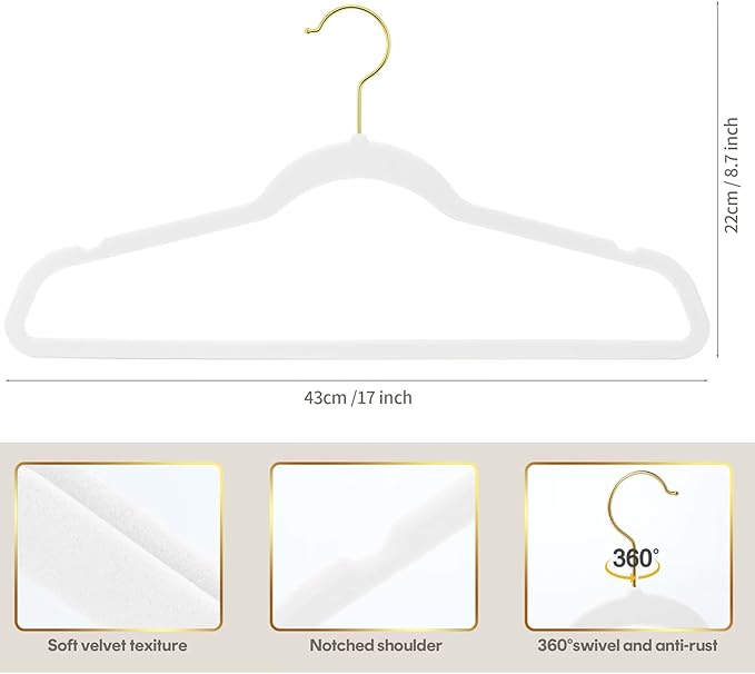 36-Pack Premium Velvet Hangers with Gold Hooks - Space-Saving Non-Slip Heavy-Duty Clothes Hangers for Coats, Suits, Dresses, and Sweaters - Slim Design, Closet Organizer (White-Gold)