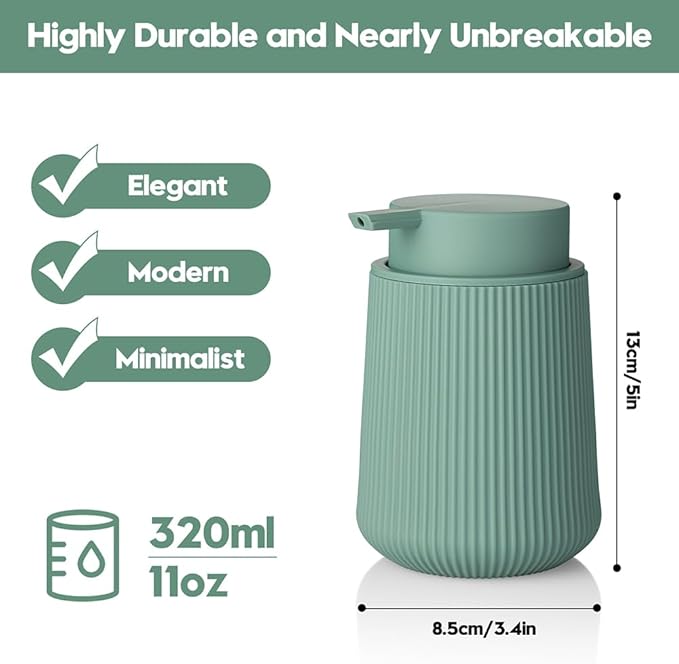 Striped Liquid Hand Soap Dispenser with Leak-Proof Pump for Bathroom and Kitchen Countertop 11oz Sage Green