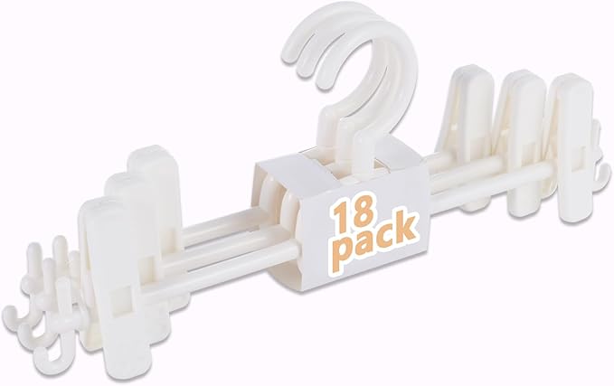 18 Pack Multi-Functional Stackable Smooth White Plastic Pants Hanger with Clip, Non-Slip Adjustable Clip Distance, 360° Rotating Hook, to Meet The Clothing of Multiple Ages,Space Saving