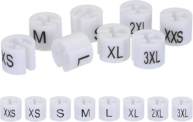MECCANIXITY Clothes Hanger Marker XXS/XS/S/M/L/XL/2XL/3XL Size Tag White Fit 3.5mm Rod for Garment Clothing Color Coding, Pack of 80