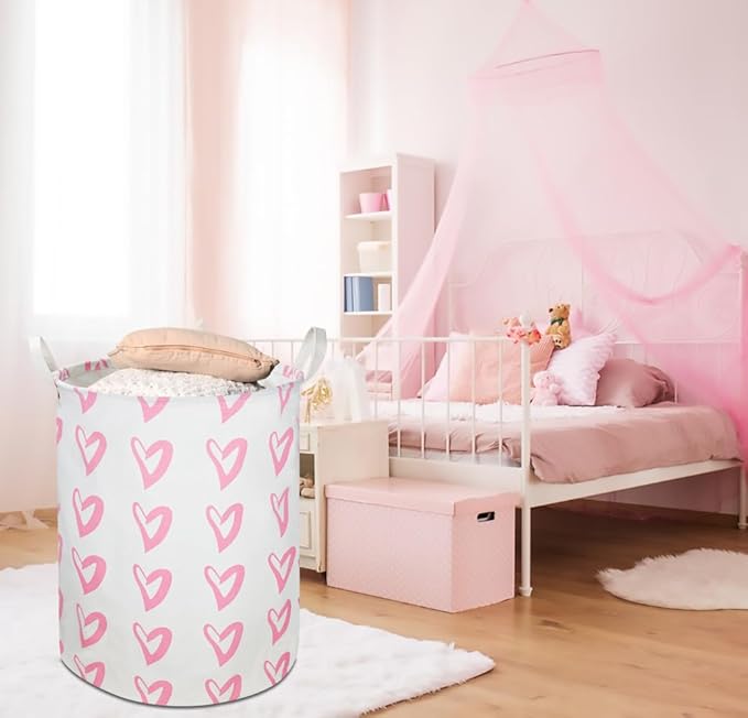 CLOCOR Pink Laundry Basket,Waterproof Baby Girls Nursery Hamper, Girls' Room Decor,Kids Toys Storage Bin,Gift Basket（Pink Heart