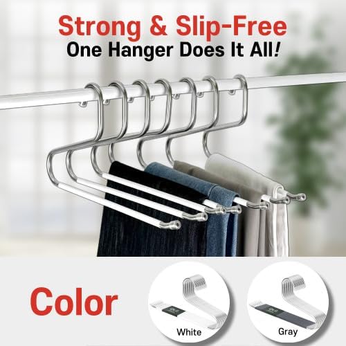 OLG 8mm Stainless Pants Hanger with V Hook and Reverse S, Non-Slip for Men Women -Heavy-Duty Trouser and Jeans Closet Organizer, Ganchos para Pantalones (10, White)