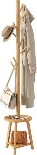 BMOSU Coat Rack freestanding Stand with 2 Shelves Bamboo Wooden Coat Tree Easy Assembly 8 Hooks Standing Jackets Hanger Hallway Office Floor Coat Stand Nature
