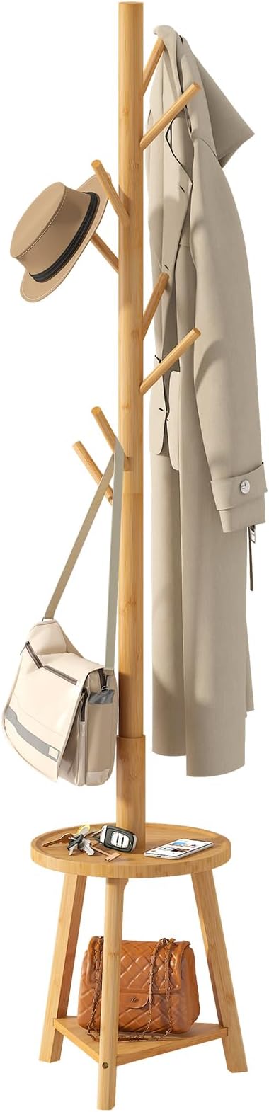 BMOSU Coat Rack freestanding Stand with 2 Shelves Bamboo Wooden Coat Tree Easy Assembly 8 Hooks Standing Jackets Hanger Hallway Office Floor Coat Stand Nature