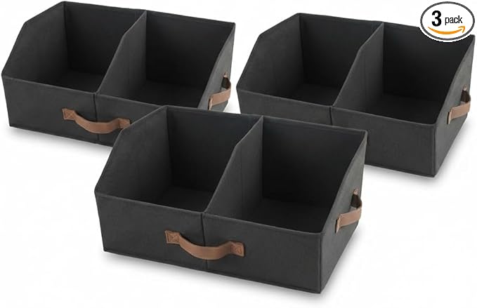 Trapezoid Storage Bin - UPGRADED Closet Organizers And Storage With Leather Handles & Adjustable Dividers, Fabric Collapsible Storage Bins For Clothes Storage & Shelf Organizer (3pcs, Small, Black)