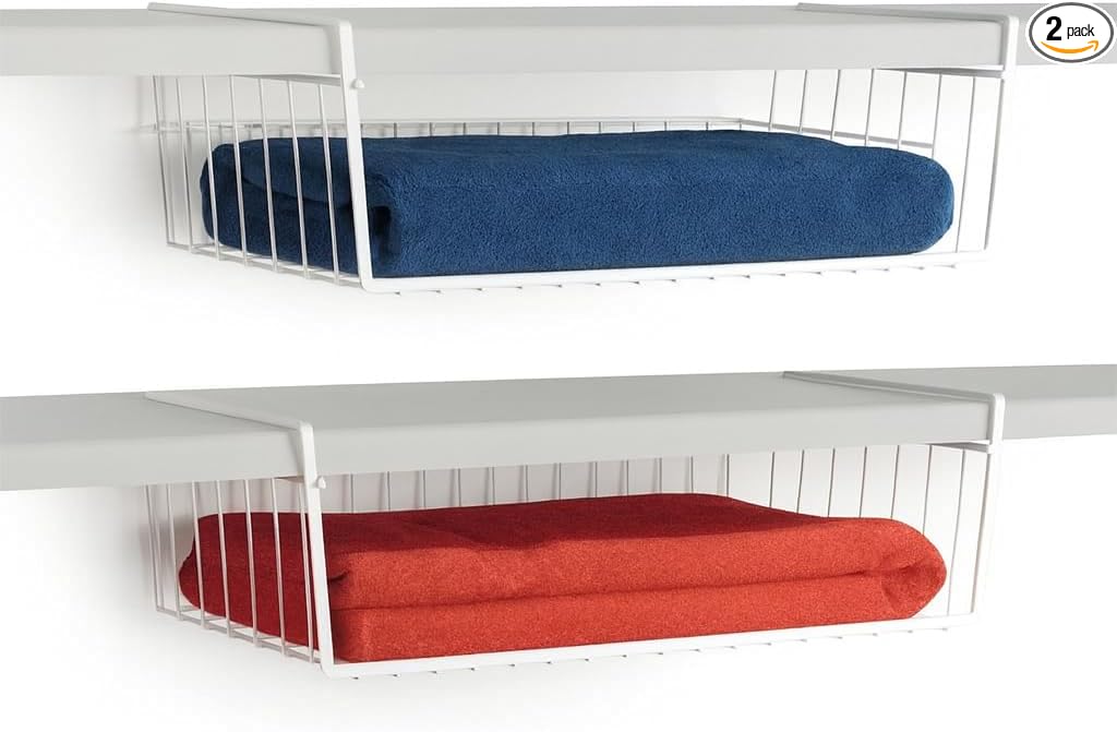 Modern Home Under Shelf Wire Storage Baskets – Hanging Organizer Rack for Cabinet, Pantry, or Closet – White Metal Basket for Kitchen, Towels, or Office – No Tools Required (Set of 2 19")