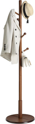 VASAGLE Solid Wood Coat Rack, Free Standing Hall Coat Tree with 7 Hooks, 3 Height Options, for Coats, Hats, Bags, Purses, for Entryway, Hallway, Rubberwood Hooks and Pole, Dark Walnut URCR07WN