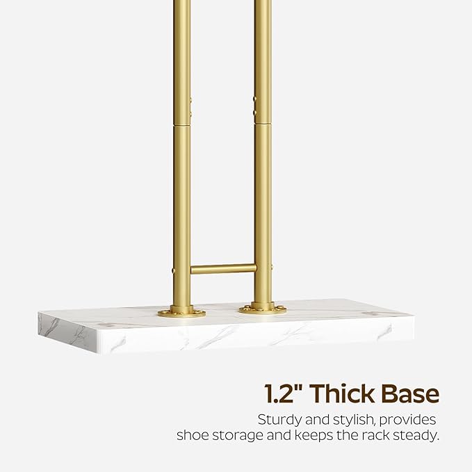 Gold Coat Hanger Stand, Floor Standing Coat Rack, Entryway Coat Tree with 8 Hooks and Marble-Look Base, Modern Double-Pole Metal Clothes Rack for Entrance, Living Room, Bedroom, YM02DWY1