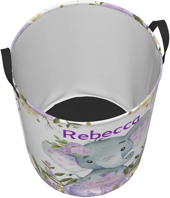 Purple Floral Elephant Personalized Laundry Hamper Custom with Name Collapsible Waterproof Storage Basket with Handles for Bedroom Clothes Toys.
