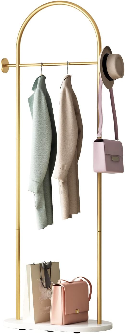 DR.IRON Modern Gold Clothes Racks with Shelves Freestanding, Gold Coat Racks with Marble Base & Coat Hanger with Umbrella for Entryway Hallway, Office or Bedroom
