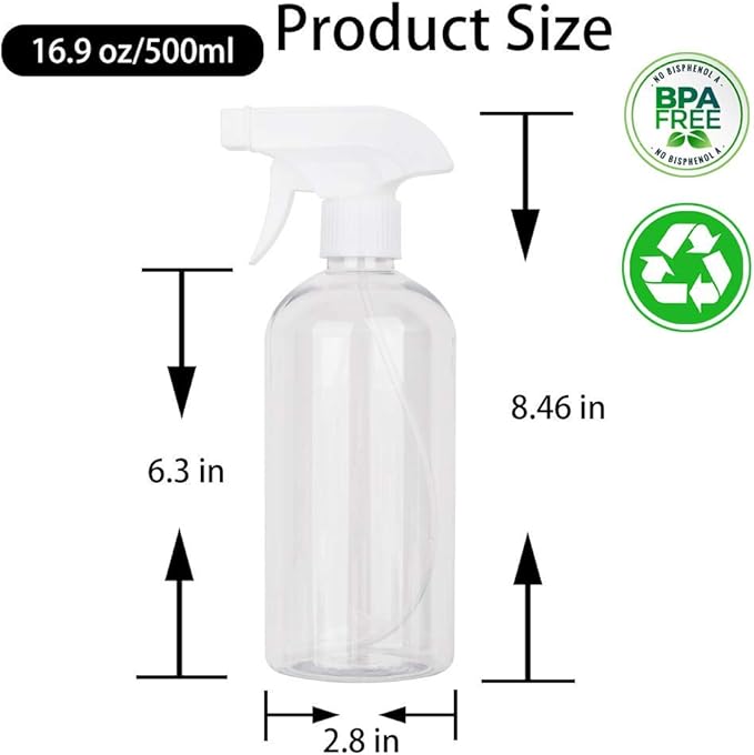UUJOLY 17 oz Plastic Spray Bottle Trigger Empty Spray Bottles Clear Refillable Container for Water, Essential Oils, Hair, Cleaning Products, Adjustable Head Sprayer and Stream (4 Pack/500ml)