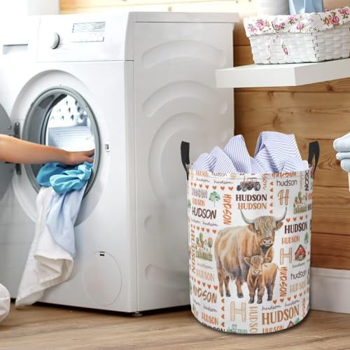 Highland Cow Laundry Basket,Custom Laundry Hamper with Name,Personalized Highland Cow Gifts for Boys Girls,Customize Collapsible Laundry Basket for Bedroom Bathroom,M-19.5"X 15.7"