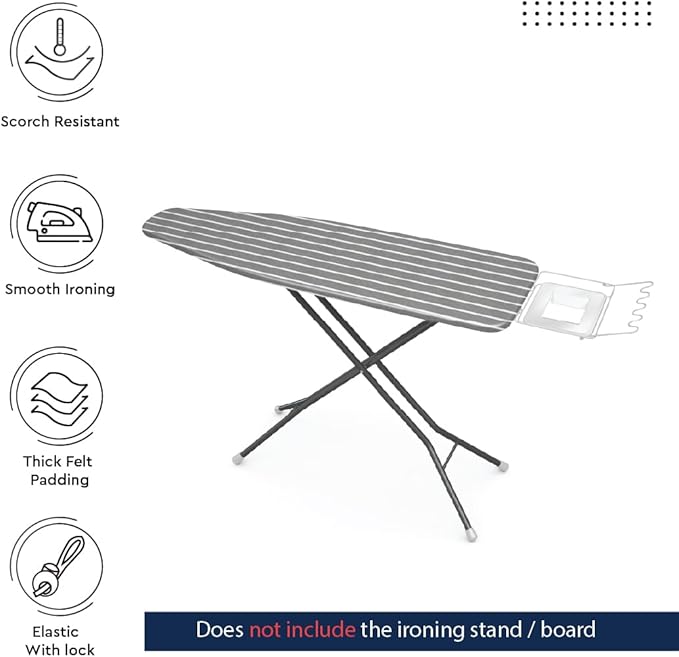 Encasa XO Ironing Board Cover and Pad 49"x18" - 4mm Felt Wide Iron Board Cover with Padding, Stain-Safe Dye, Non Slip, Elastic Bungee Cord Tightening, Heat Resistant Roma Grey Stripes