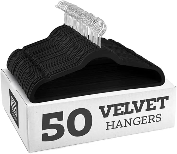 Black Velvet Felt Non Slip Clothes Hangers 50 Pack - Ultra Slim & Space Saving - Heavy Duty Swivel Black Hook for Clothing, Suit, Top, Tie, Shirt, Skirt & Pant Organization