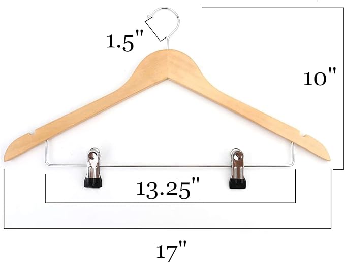 Tosnail 12-Pack Wooden Pant Hanger, Wooden Suit Hangers with Steel Clips and Hooks, Natural Wood Collection Skirt Hangers, Standard Clothes Hangers