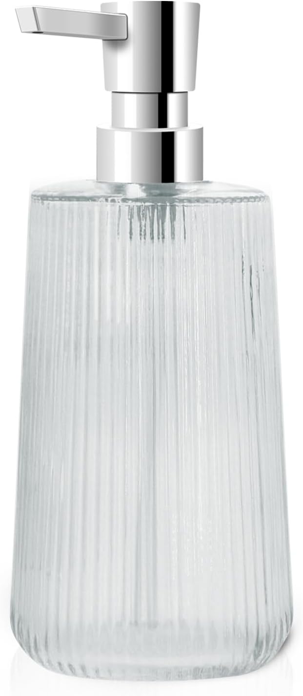 Glass Soap Dispenser for Bathroom, 250ml/8.5oz Dish Soap Dispenser with Pump for Kitchen, Modern Minimalist Stripe Style Hand Soap Dispenser, Small Refillable Soap Dispenser (Clear 1pc)